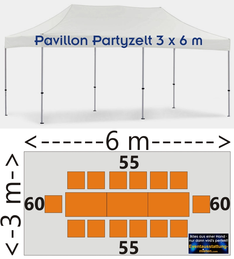 Bestuhlungsplan Pavillon 3x6m mit Biergartenmöbel 14 Pers. Partyausstatter Eventagentur Rosenheim, Chiemsee, Bad Aibling, Kolbermoor, Bruckmühl, Wasserburg, Raubling