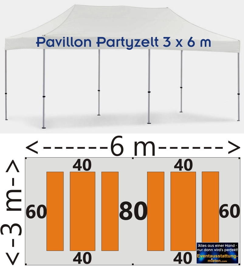 Bestuhlungsplan Pavillon 3x6m Festzeltgarnituren 16 Pers. Partyausstatter Eventagentur Rosenheim, Chiemsee, Bad Aibling, Kolbermoor, Bruckmühl, Wasserburg, Raubling