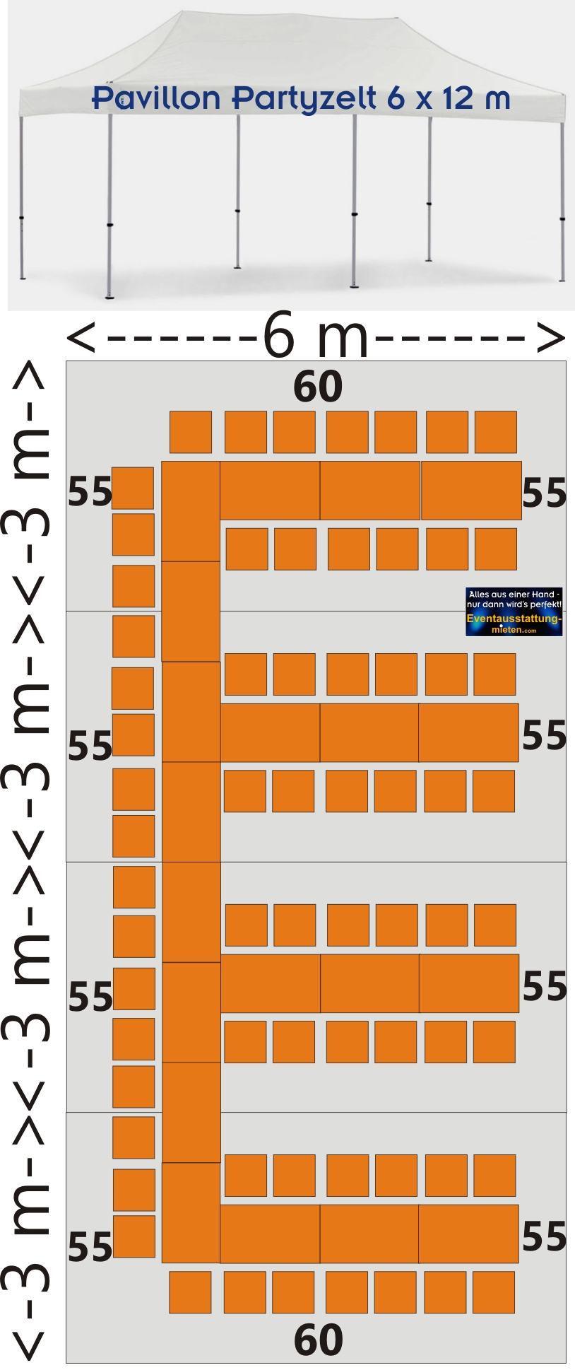 Bestuhlungsplan Pavillon 6x12m mit Biergartenmöbel 64 Pers. Partyausstatter Eventagentur Rosenheim, Chiemsee, Bad Aibling, Kolbermoor, Bruckmühl, Wasserburg, Raubling
