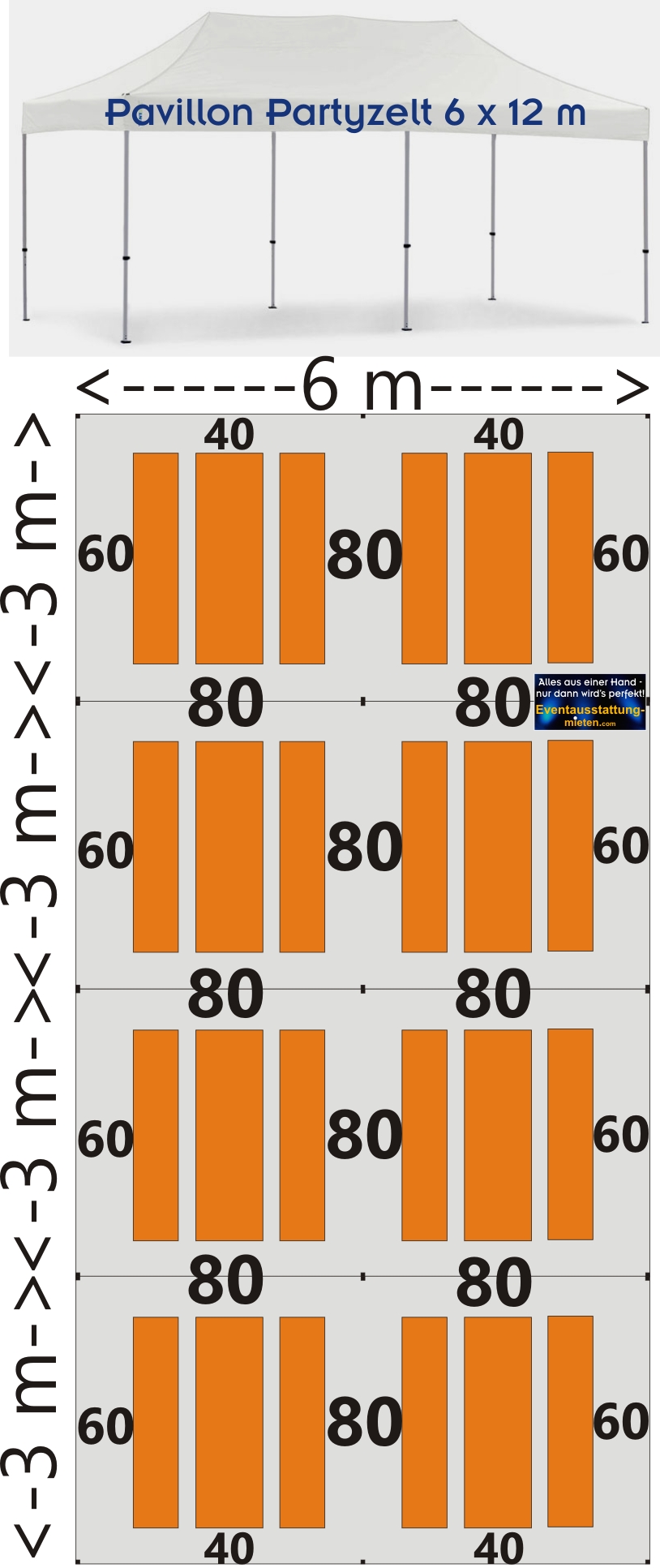 Bestuhlungsplan Pavillon 6x12m Festzeltgarnituren 64 Pers. Partyausstatter Eventagentur Rosenheim, Chiemsee, Bad Aibling, Kolbermoor, Bruckmühl, Wasserburg, Raubling