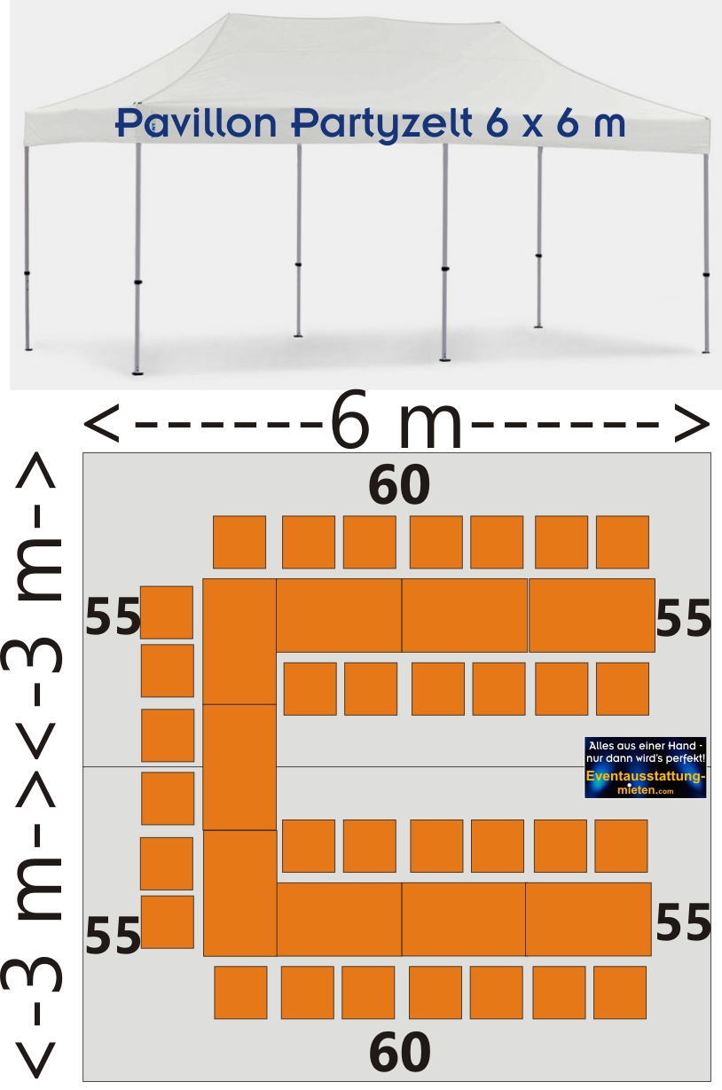 Bestuhlungsplan Pavillon 6x6m mit Biergartenmöbel 32 Pers. Partyausstatter Eventagentur Rosenheim, Chiemsee, Bad Aibling, Kolbermoor, Bruckmühl, Wasserburg, Raubling