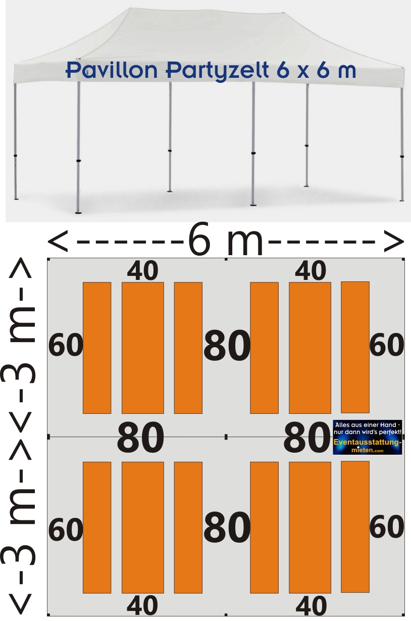 Bestuhlungsplan Pavillon 6x6m Festzeltgarnituren 32 Pers. Partyausstatter Eventagentur Rosenheim, Chiemsee, Bad Aibling, Kolbermoor, Bruckmühl, Wasserburg, Raubling