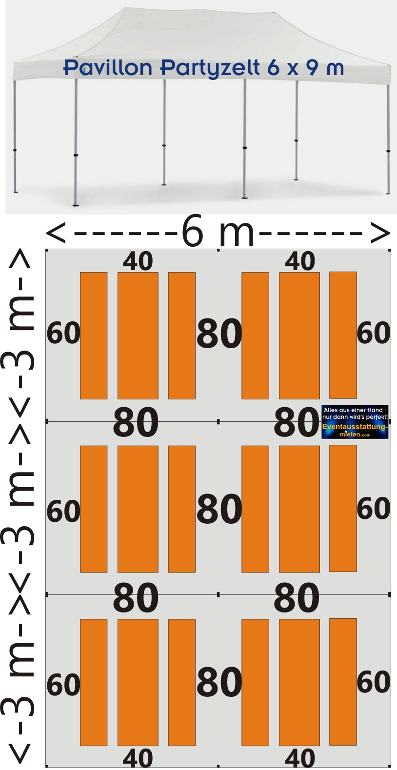 Bestuhlungsplan Pavillon 6x9m Festzeltgarnituren 48 Pers. Partyausstatter Eventagentur Rosenheim, Chiemsee, Bad Aibling, Kolbermoor, Bruckmühl, Wasserburg, Raubling