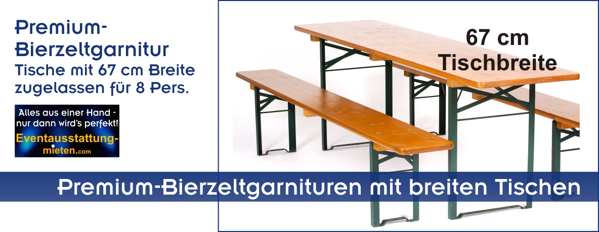 Premium-Bierzeltgarnituren sind Festzeltgarnituren mit breiten Tischen für 8 Personen.