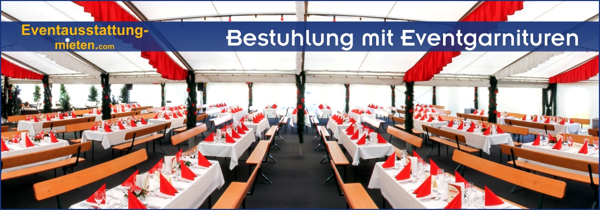 Exklusive Festzeltgarnituren für höchsten Sitzkomfort Bestuhlung im Festzelt zum Firmenjubiläum mit Eventgarnituren mit weißen Tischdecken und roten Servietten zur Firmenfarbe passend.
