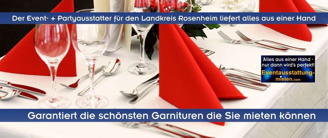 Breite Tische eingedeckt für Gala oder Firmenjubiläum mit roten Servietten passend zur Firmenfarbe.