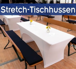 Breiter Biertisch mit 67 cm und weißer Stretch-Tischhusse mit Tischdeko.