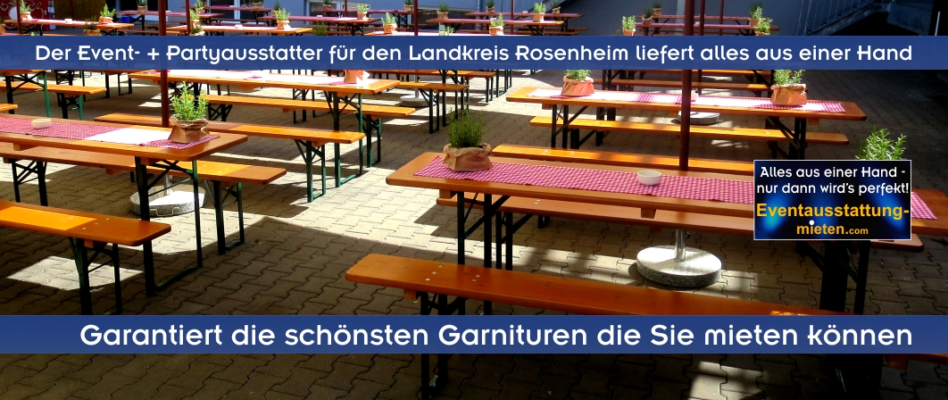 Standard-Bierzeltgarnituren mit rot-weiß kariertem Tischläufer und Tisch-Deko unterm Sonnenschirmen.