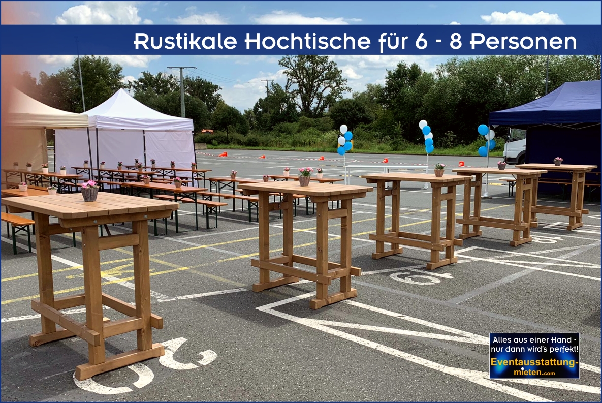 Massivholz Hochtisch mieten Rosenheim | rustikale Almmöbel Massivholz-Hochtische für 6-8 Personen beim AMAZON Sommerfest mit Tischdeko.