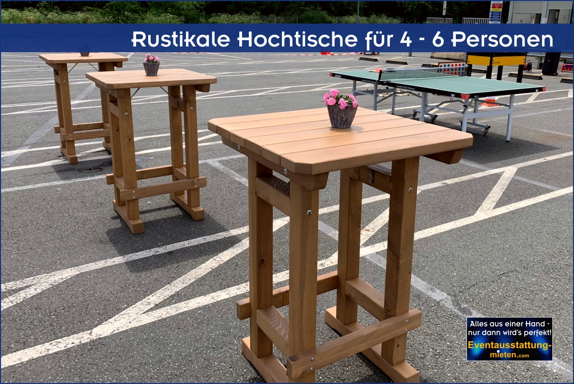 Massivholz Hochtisch mieten Rosenheim | rustikale Almmöbel Massivholz-Hochtische für 4-6 Personen beim AMAZON Sommerfest mit Tischdeko.