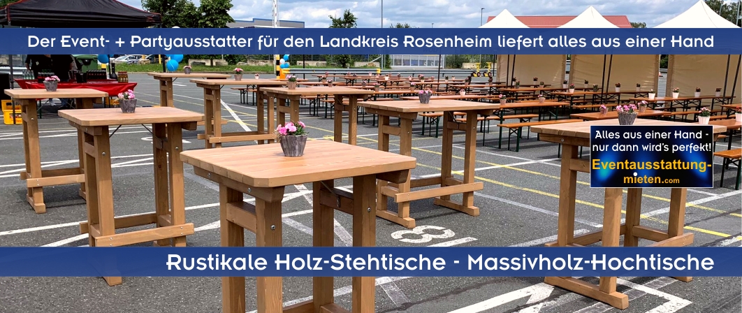 AMAZON-Sommerfest mit rustikalen Holz-Stehtischen und kleiner Tischdeko,