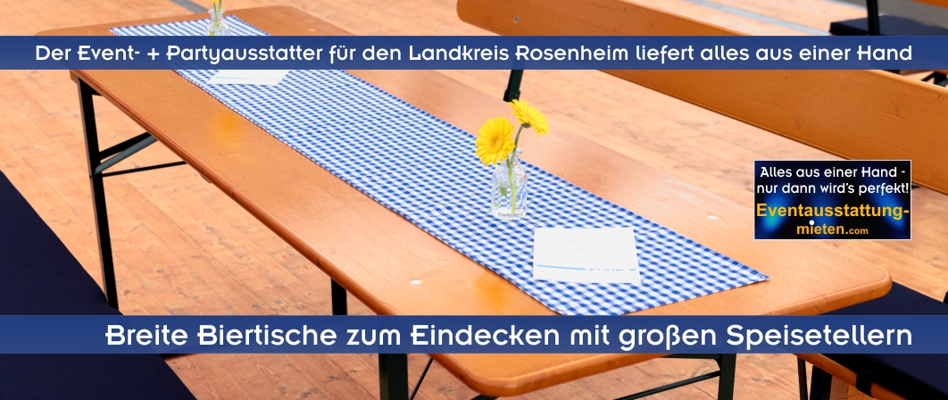 Breiter Biertisch mit weiß-blau kariertem Tischläufer und kleine Vasen mit gelben Gerbera