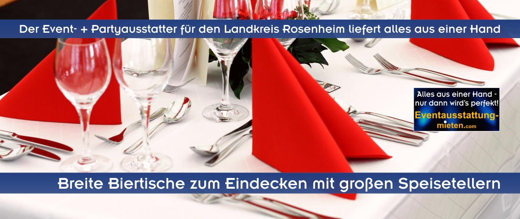 Breite Biertische eingedeckt für Gala oder Firmenjubiläum mit roten Servietten passend zur Firmenfarbe.