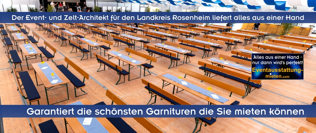 Große Menge an Festzeltgarnituren mit Rückenlehnen, dazu blaue Bierbankpolster und weiß-blau karierte Tischläufer.