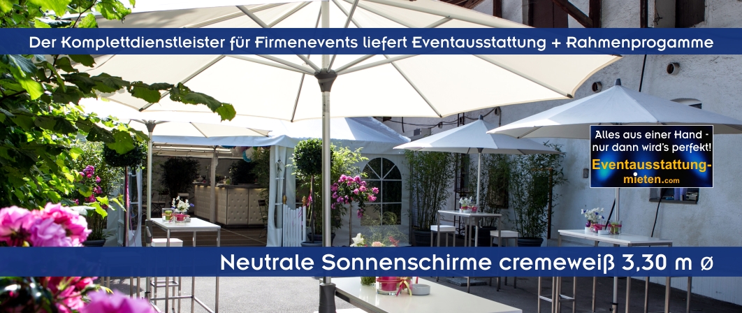 Weiße Glatz-Sonnenschirme in Kombination mit weißem Stehtischen und Barhockern