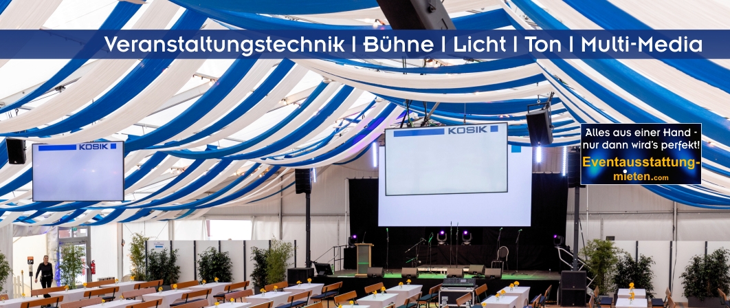 Weiß-blaues Festzelt mit LED-Wand und 2 LED-Monitoren, aufgehängten Lautsprechern und Bühne mit Tontechnik